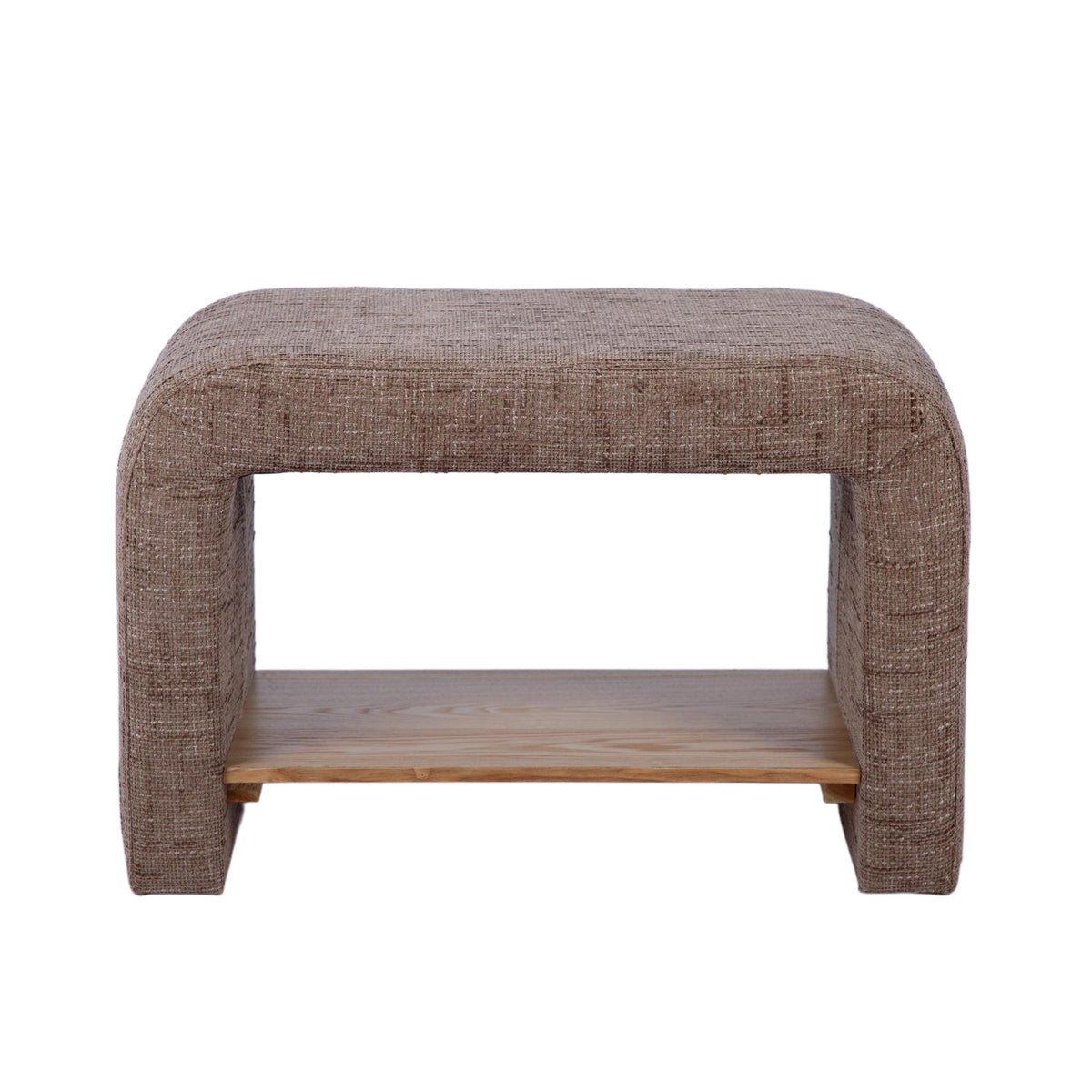 Side profile view of the Alvie sculptural upholstered side table