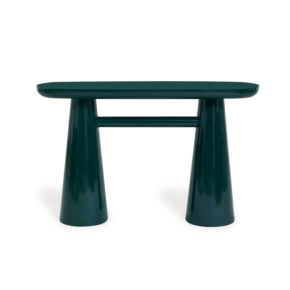 Forest green Baila console table angled view showing pedestals