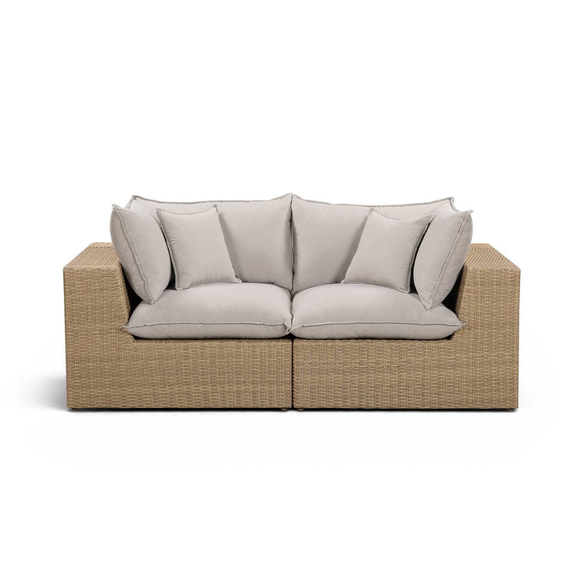 Back angled view of Cali outdoor wicker loveseat on poolside deck