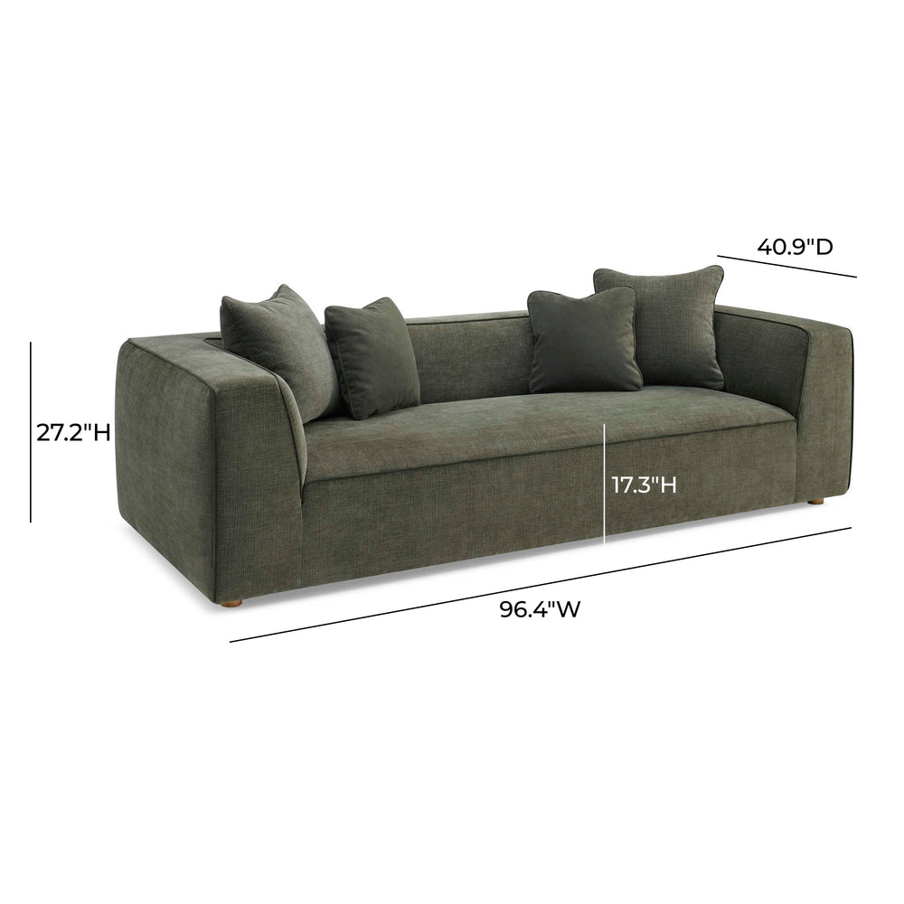 Tristine 96" Olive Green Upcycled Basketweave Sofa dimensions