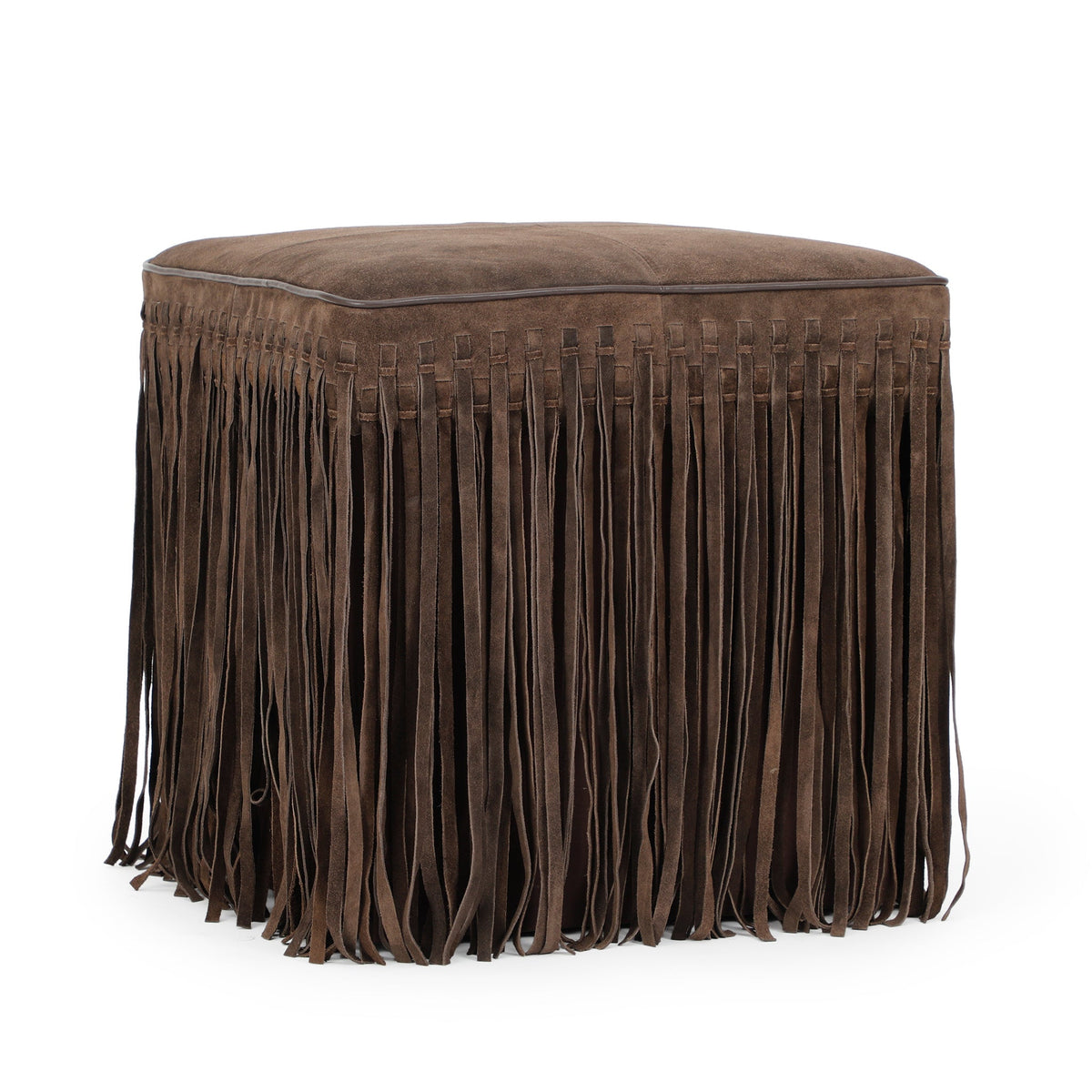 Side profile illustrating the compact silhouette of the Daphne square ottoman