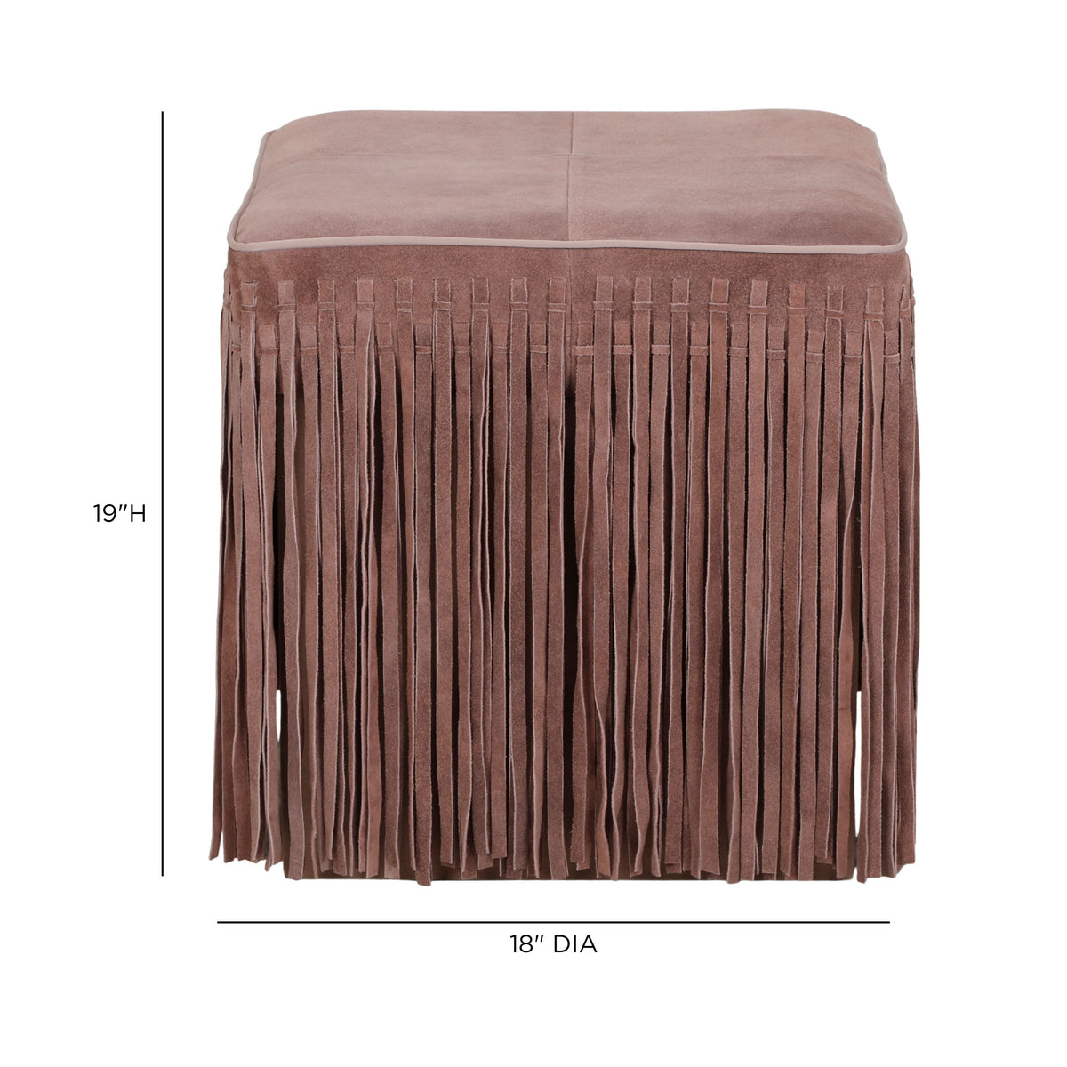 Corner profile of the Daphne square suede fringe ottoman highlighting texture