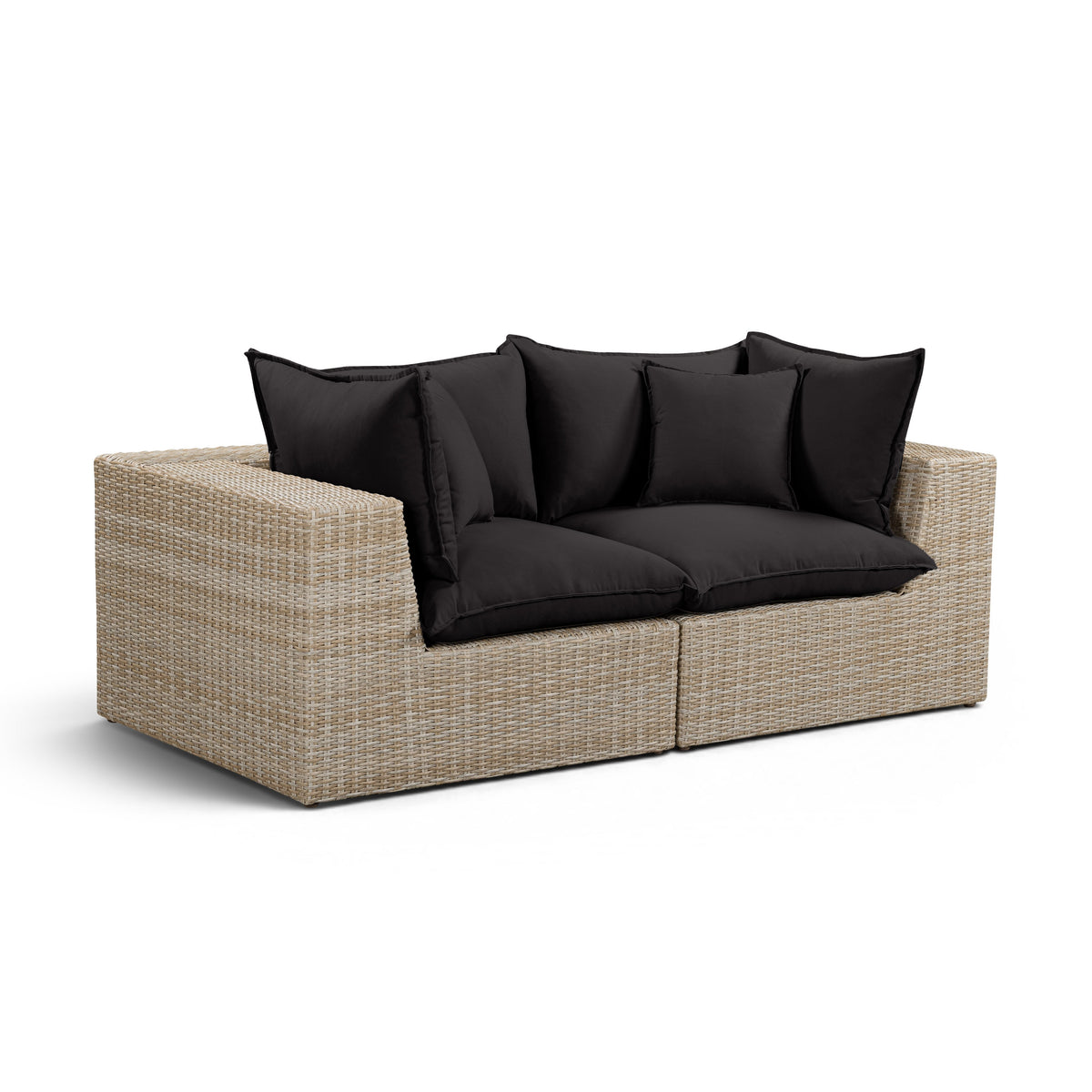 Detail of water-resistant cushion stitching on Cali outdoor wicker loveseat