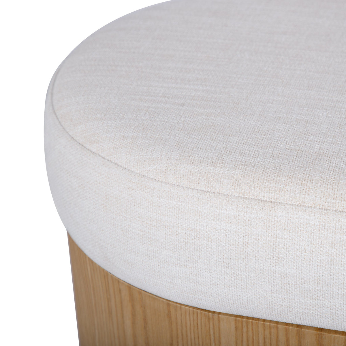 Poppi 49-inch low-profile cream storage bench positioned along living room wall