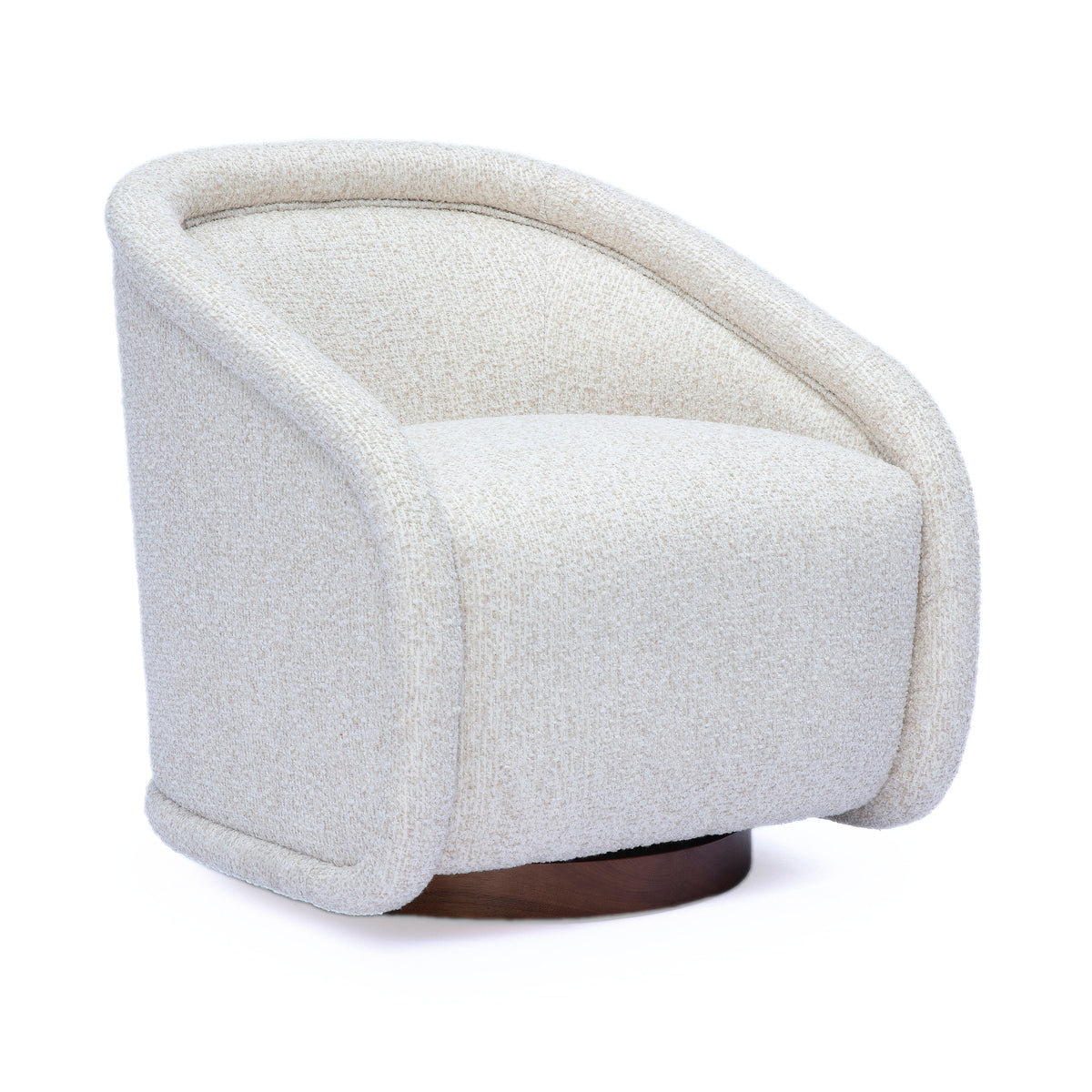 Clarke cream performance boucle swivel accent chair front view with curved shelter arms