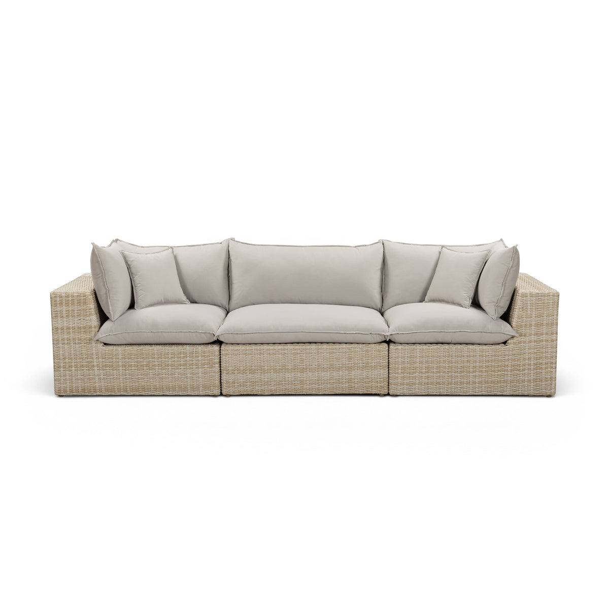 Cali performance fabric and synthetic wicker sofa overhead angle