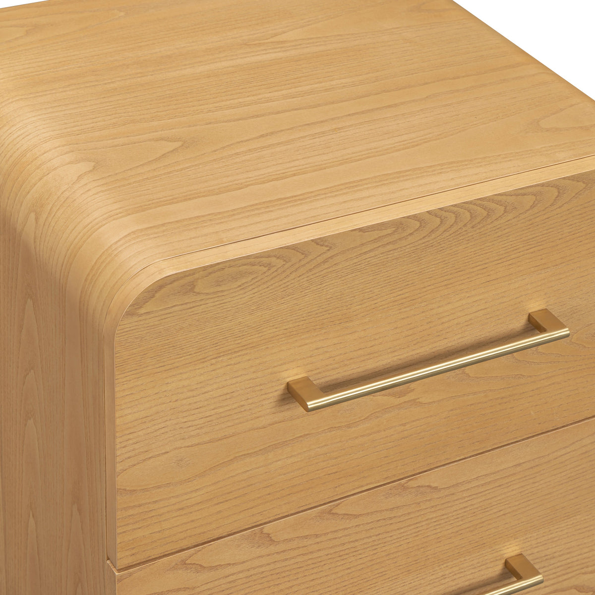 Marissa Ash Wood 2-Drawer Nightstand styled bedside next to a modern platform bed