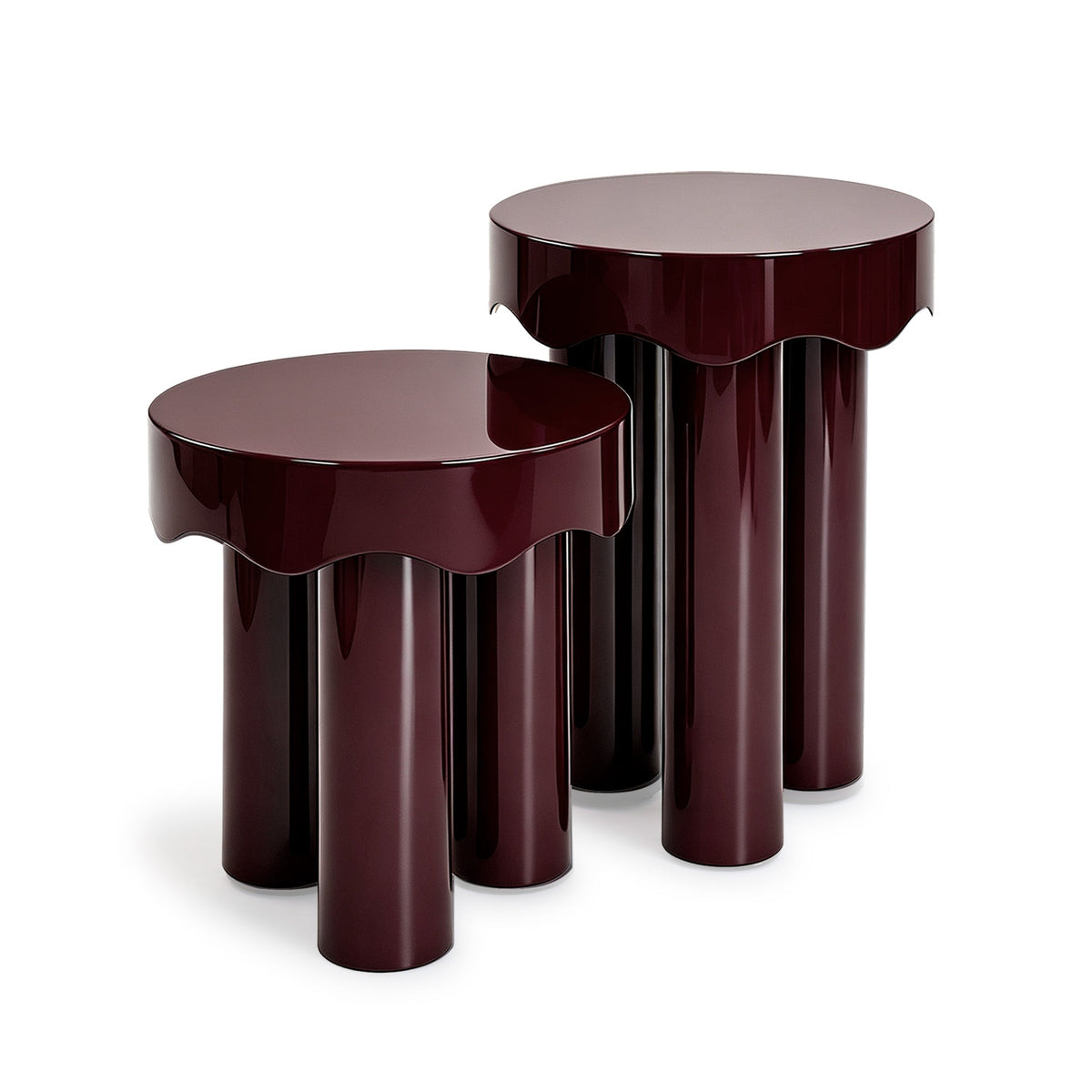 Burgundy Casper wavy high gloss side table showing sculptural contouring and luster