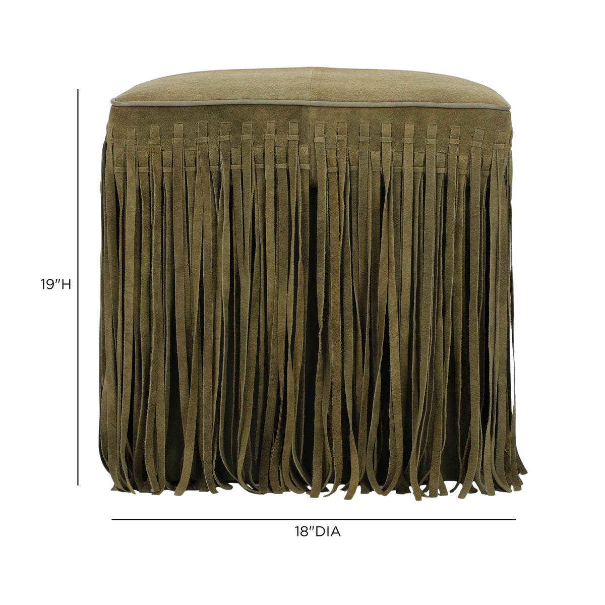 Daphne square suede fringe ottoman styled at the foot of a bedroom bed