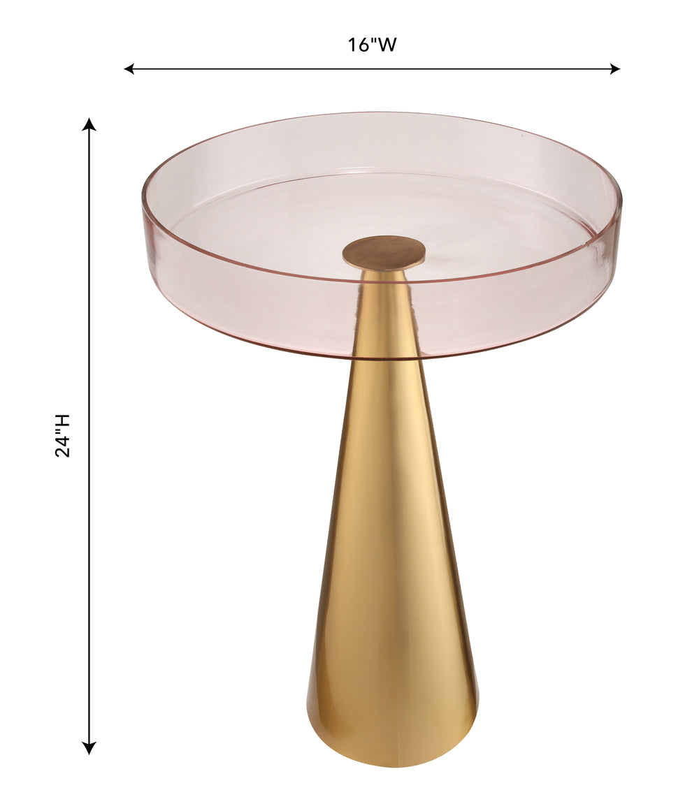 Alo Side Table with Transparent Pink Glass Top & Gold Conical Base - Modern Glam Accent Table dimensions