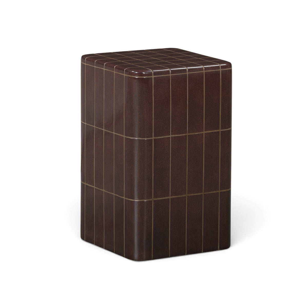 Forest green square accent table styled next to modern patio lounge chair