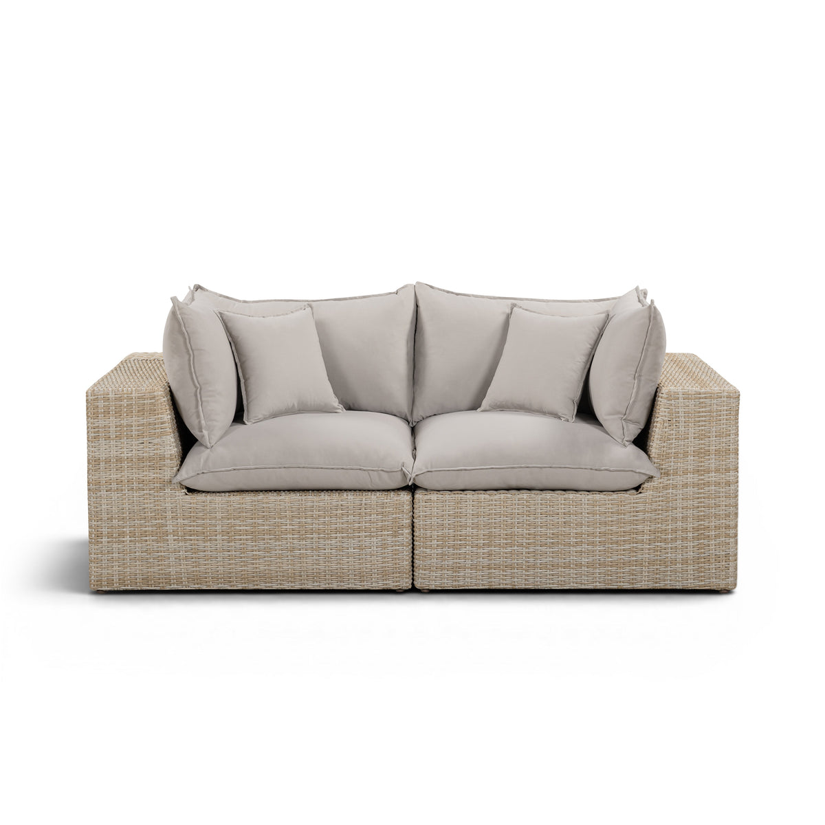 High-angle view of Cali 80-inch outdoor loveseat showing spacious deep seating arrangement