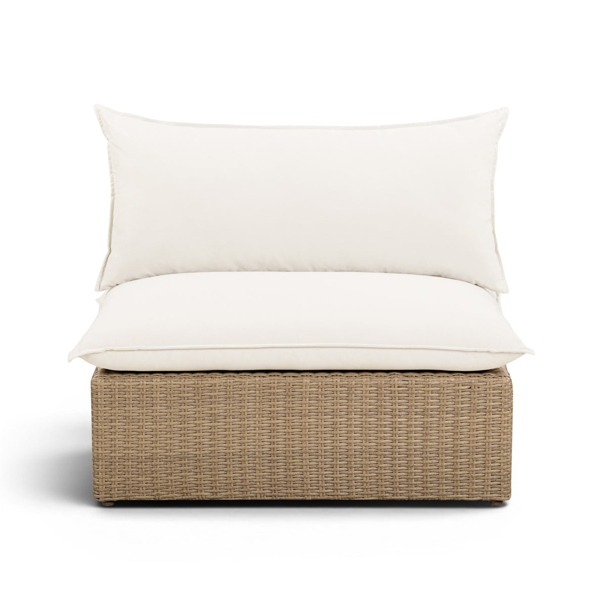 Cali outdoor armless chair in brown wicker with cream performance fabric cushions front view