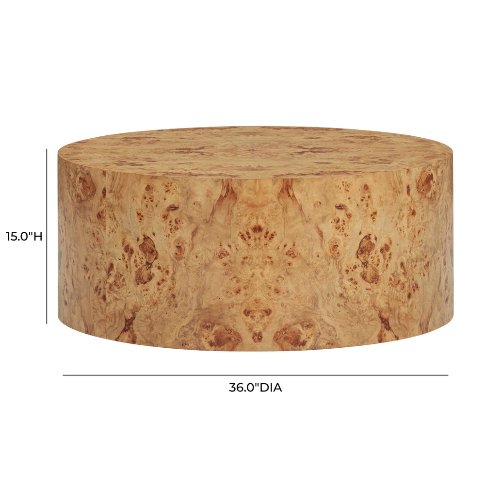 Fig 36" Natural Burl Drum Round Coffee Table dimensions