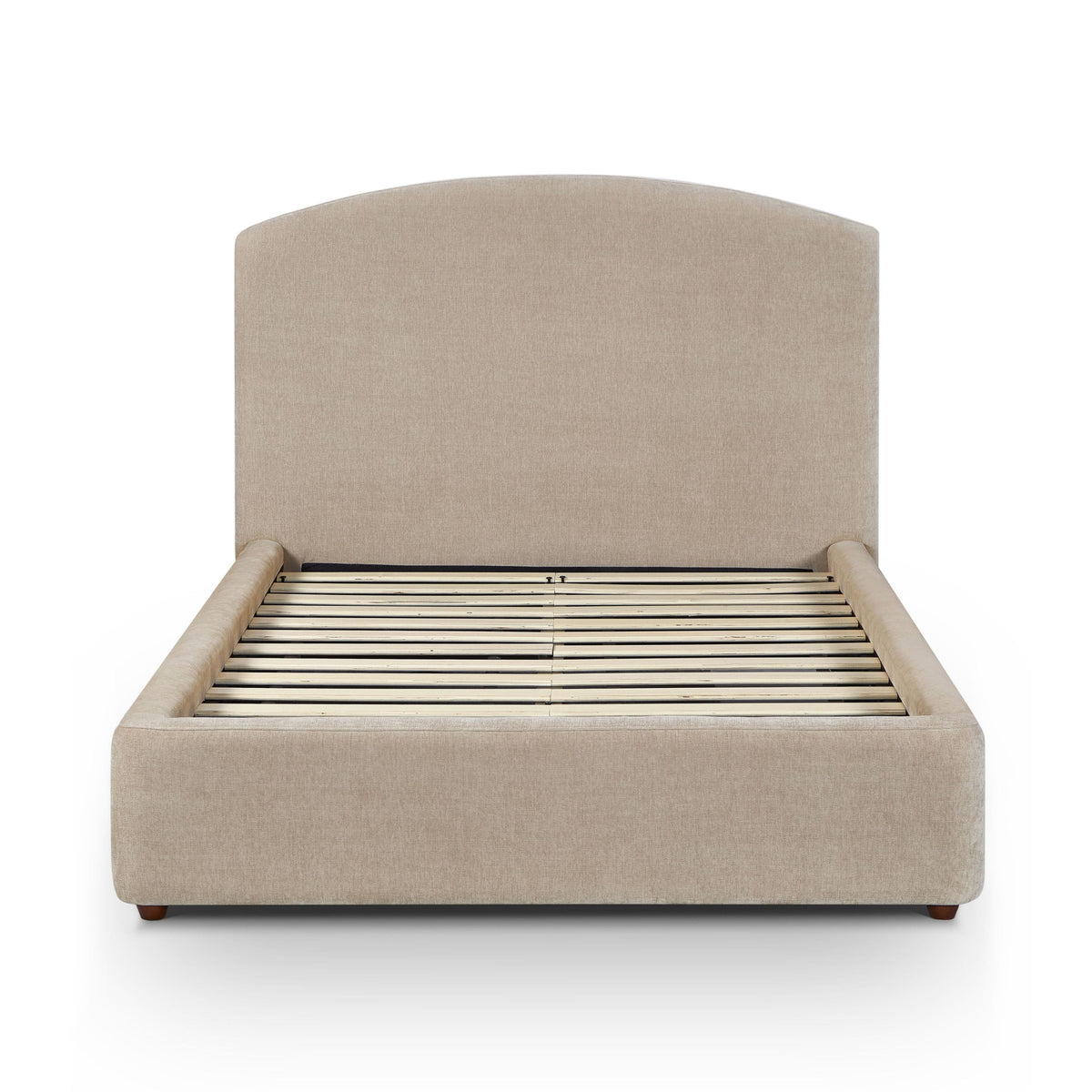 Warm daylight reflecting off textured chenille fabric of Leah bed frame