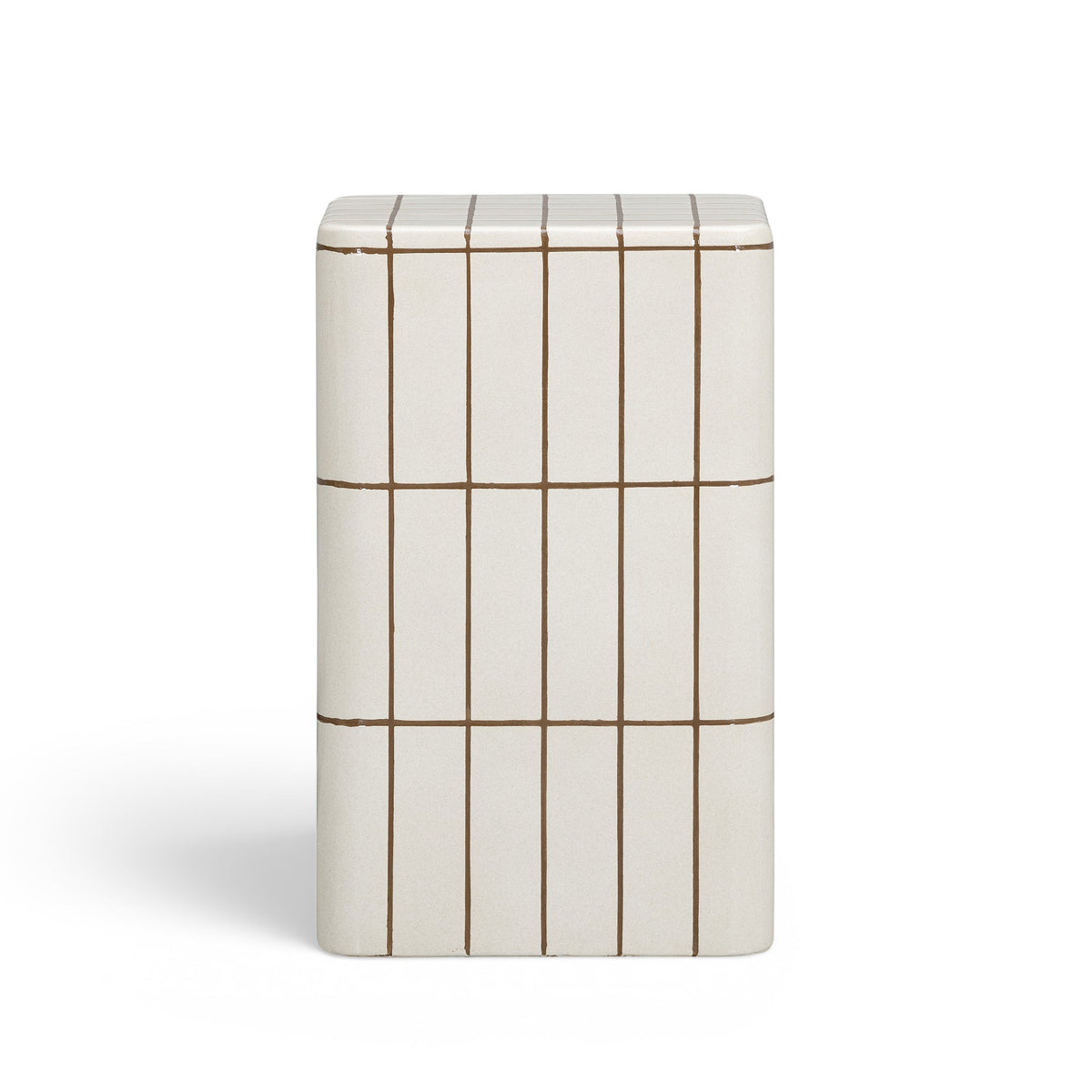 Ecru concrete side table used as bedside table in contemporary bedroom