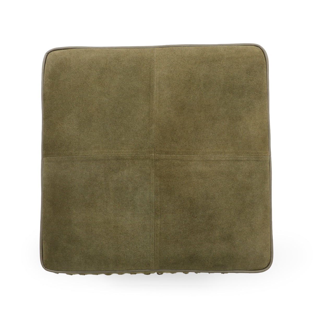 Low angle perspective highlighting the base fringe on the Daphne square ottoman