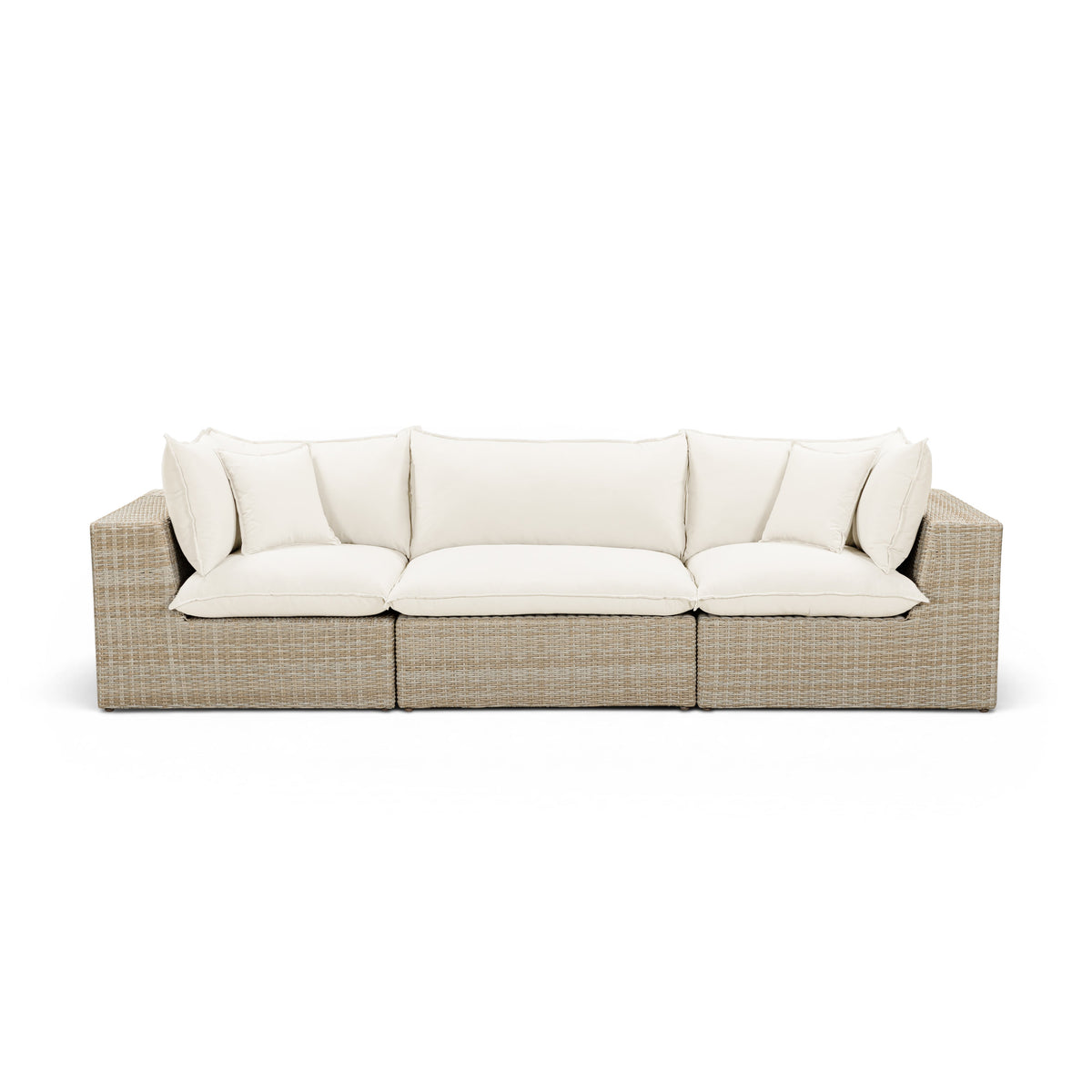 Cali 120-inch performance fabric and wicker outdoor sofa front full view