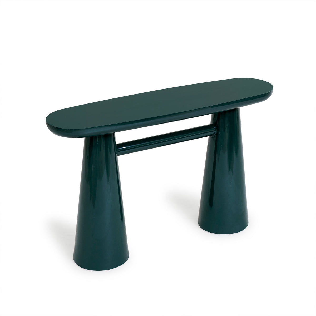Low angle perspective highlighting structural base of Baila console table