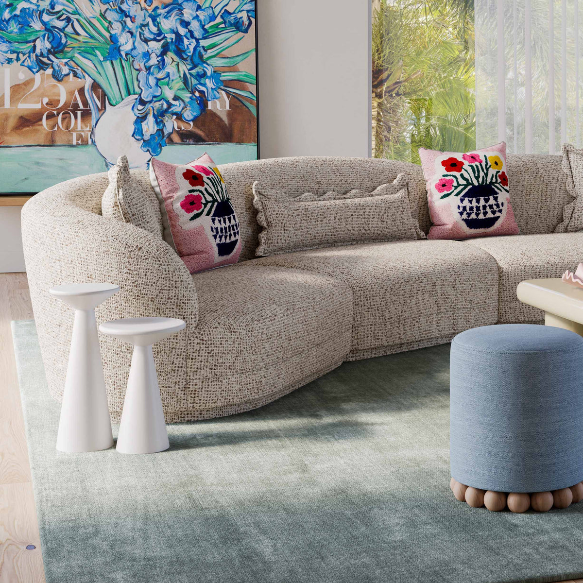 Dex ottoman styled in an eclectic lounge interior