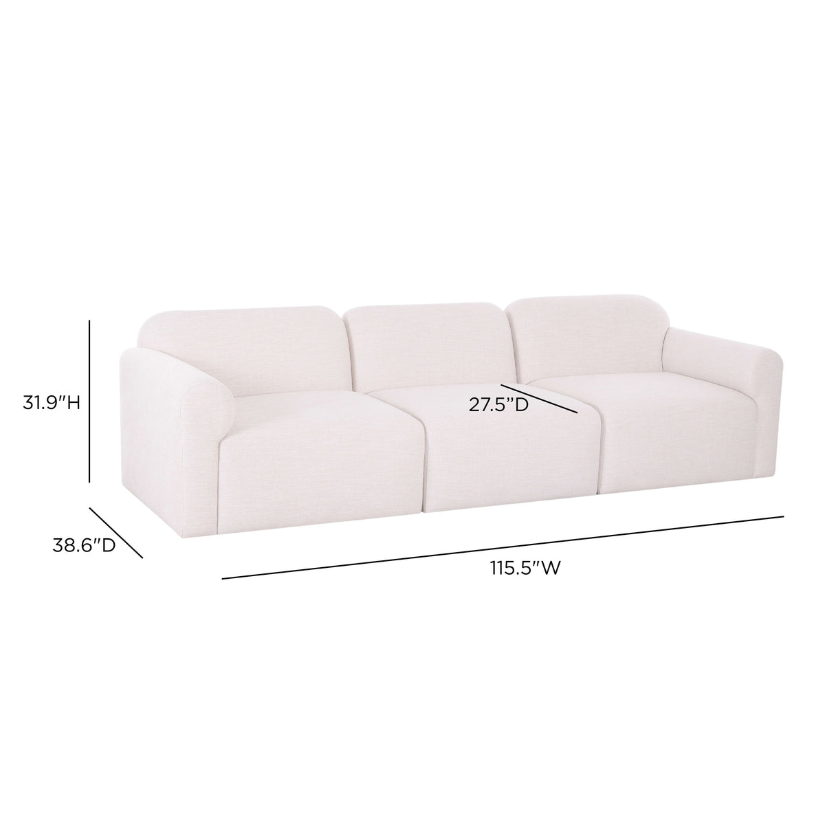 Side profile view of the Gorge 116-inch modular sofa showing seat depth