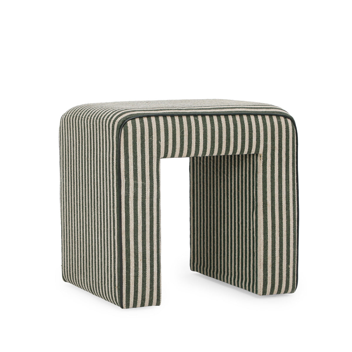 Byron Square Cotton Jute Ottoman in green stripe fabric front view