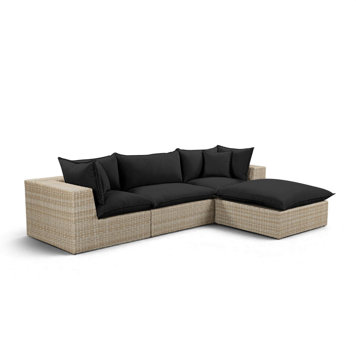 Cali 4-Piece Performance Fabric and Wicker Outdoor Sectional Black cushions on Brown wicker base