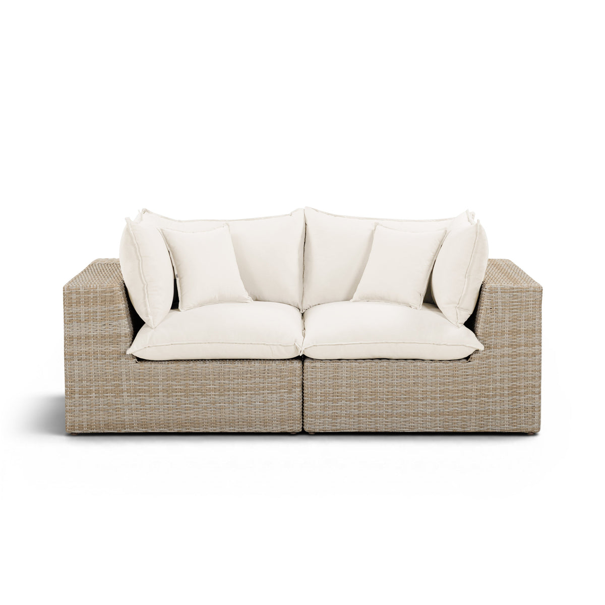 Cali 80-inch Performance Fabric and Wicker Outdoor Loveseat front view with neutral cushions