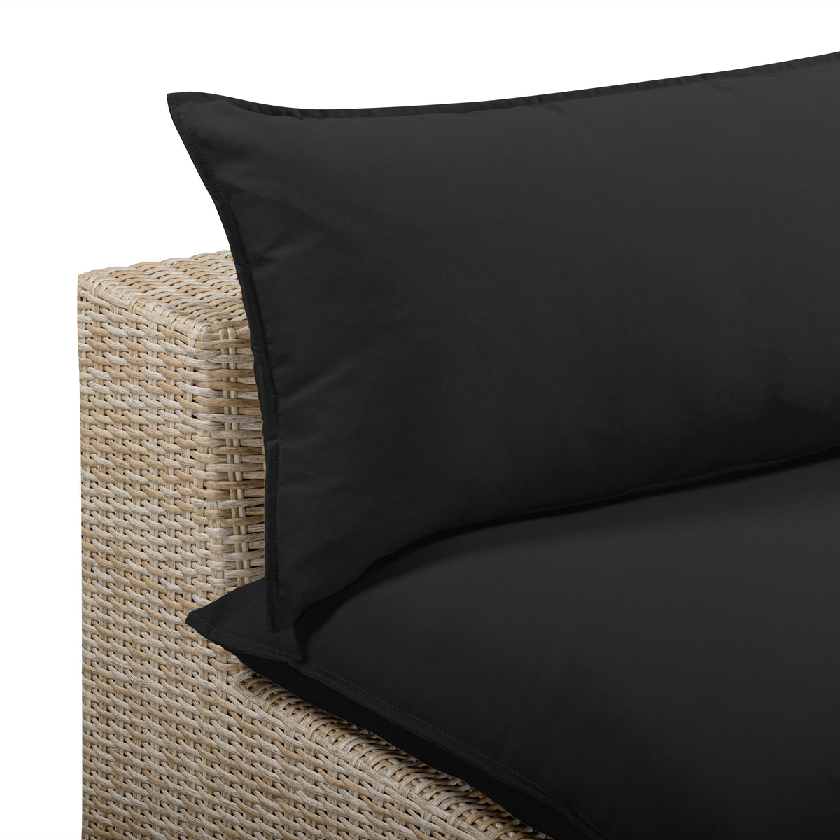 Rear view of the black resin wicker frame on the Cali outdoor slipper chair
