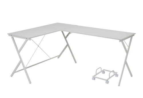 Demas L-Shaped Corner Computer Desk - X-Shape Metal Frame in White, Black or Clear Glass