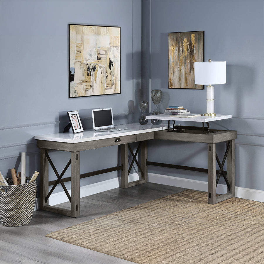 Talmar L-Shaped Lift-Top Writing Desk - Natural Marble Top & Slatted Base in Weathered Gray
