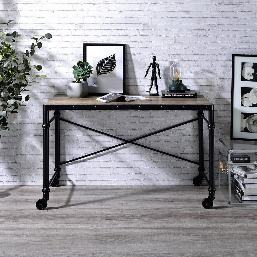 Oklarth Industrial Writing Desk - Nailhead Border & Wheeled Metal Base in Rustic Oak & Black