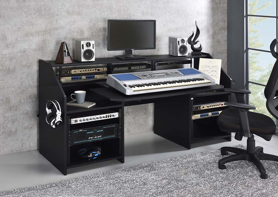 Annette Music Production Desk - Equipment Shelf, Cable Pass-Throughs & Earphone Racks in Black or Cherry