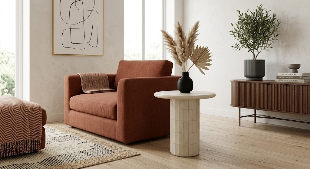 Fafo Round Concrete Indoor Outdoor Side Table with Ceramic Tiled Base - Modern Memphis & Patio Accent Table