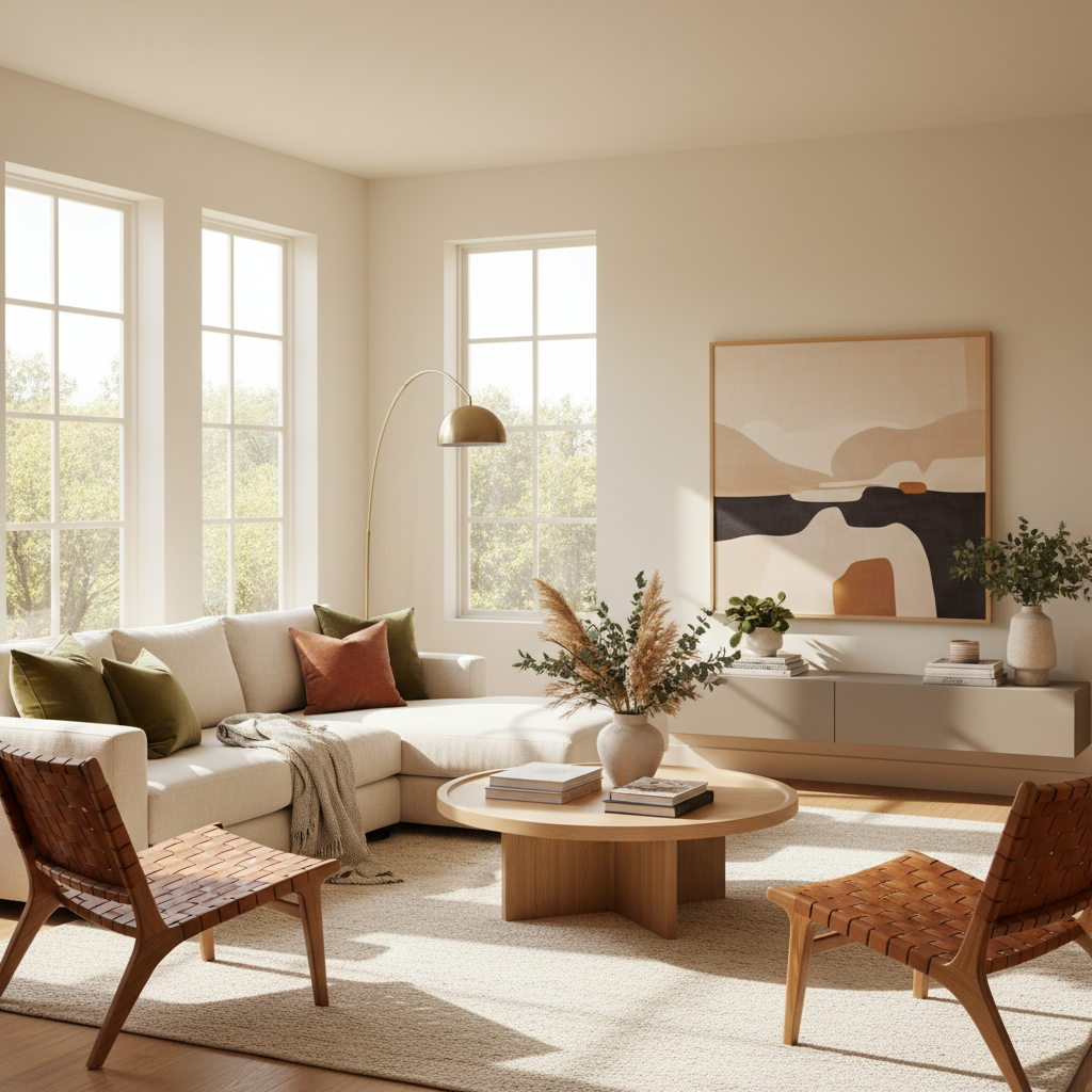 Cozy living room with stylish furniture and soft natural light