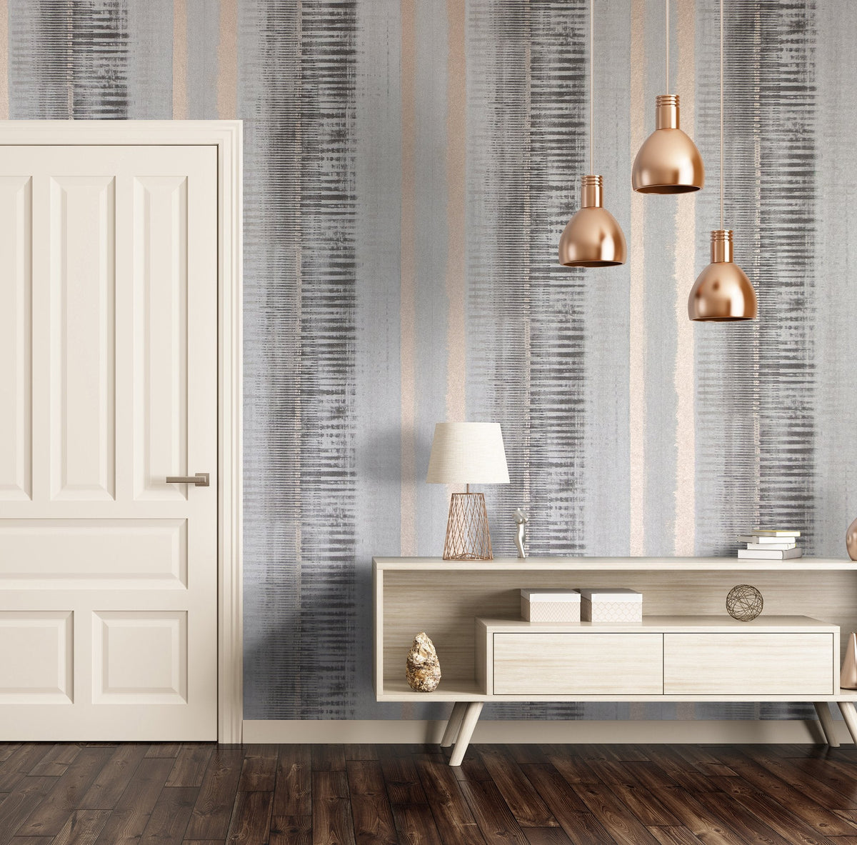Wallpaper – striped Galerie wallpaper in a modern living room