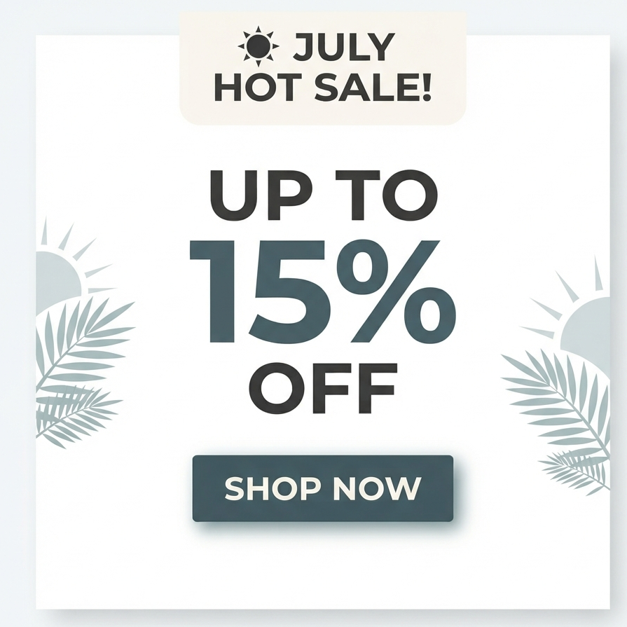 July summer sale banner displaying an offer of up to 15% off with a shop now button.