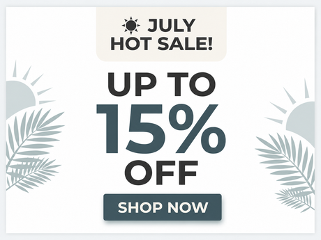 July summer sale banner displaying an offer of up to 15% off with a shop now button.