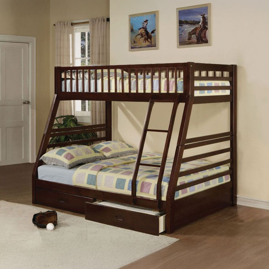 Jason Twin over Full Bunk Bed with 2 Storage Drawers - Convertible Design in Espresso, White or Gray