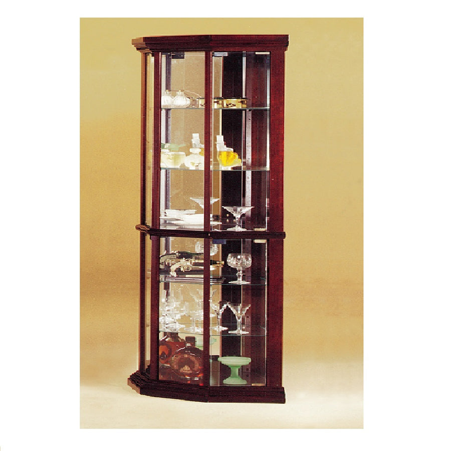 Huxley Corner Curio Cabinet - Glass Doors, Mirrored Back & 5 Glass Shelves in Cherry