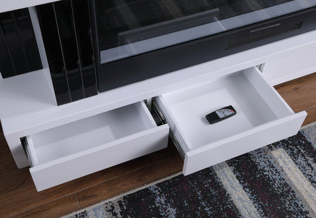 Frontal view of the FOAK media console with the electric heater's firewood light effect activated.