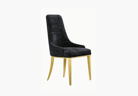 Front view of Stylus high-back dining chair in black textured fabric with gold metal legs.