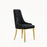 Front view of Stylus high-back dining chair in black textured fabric with gold metal legs.