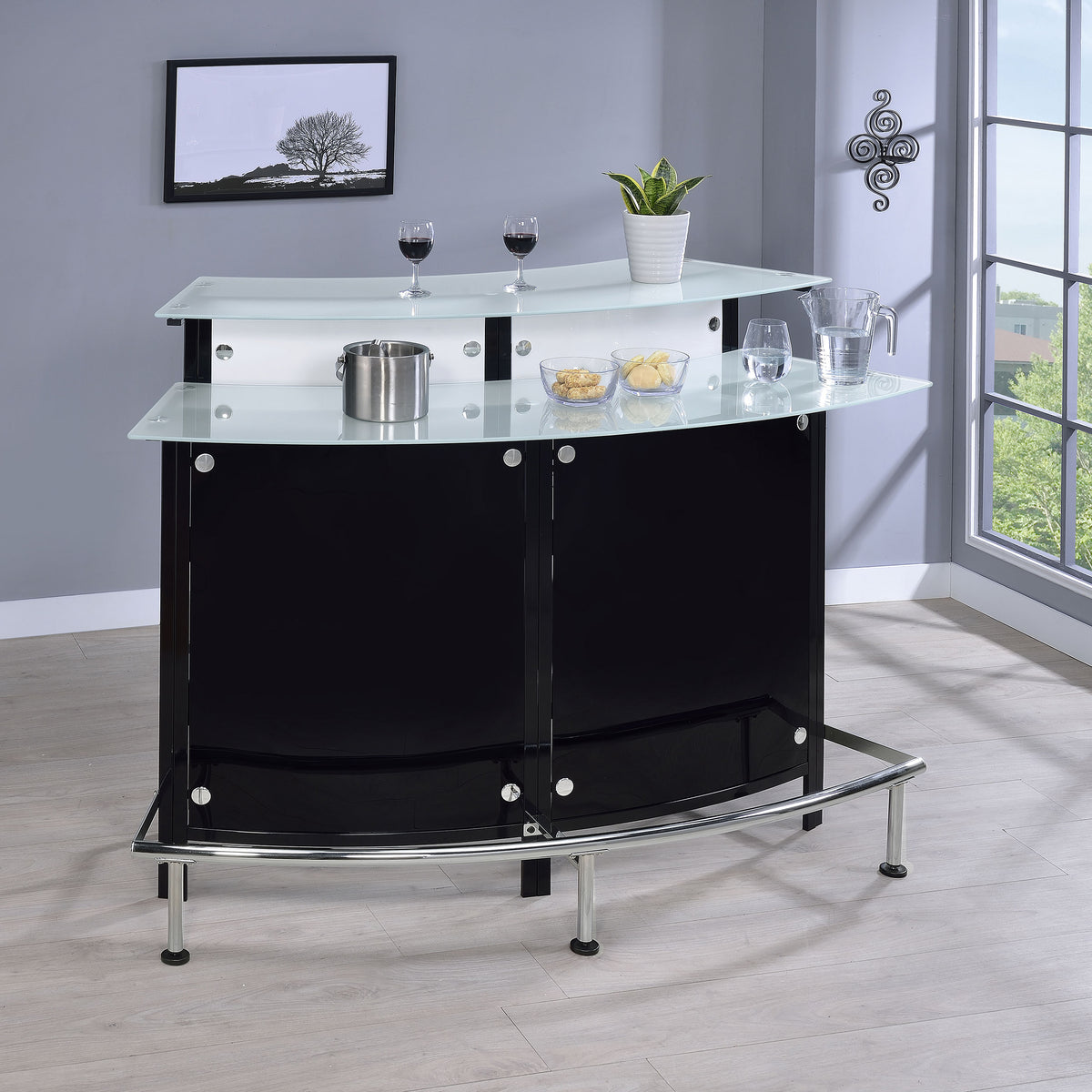 Keystone Curved Home Bar with Wine & Stemware Racks - Black & White Acrylic with Chrome Footrest – view 1