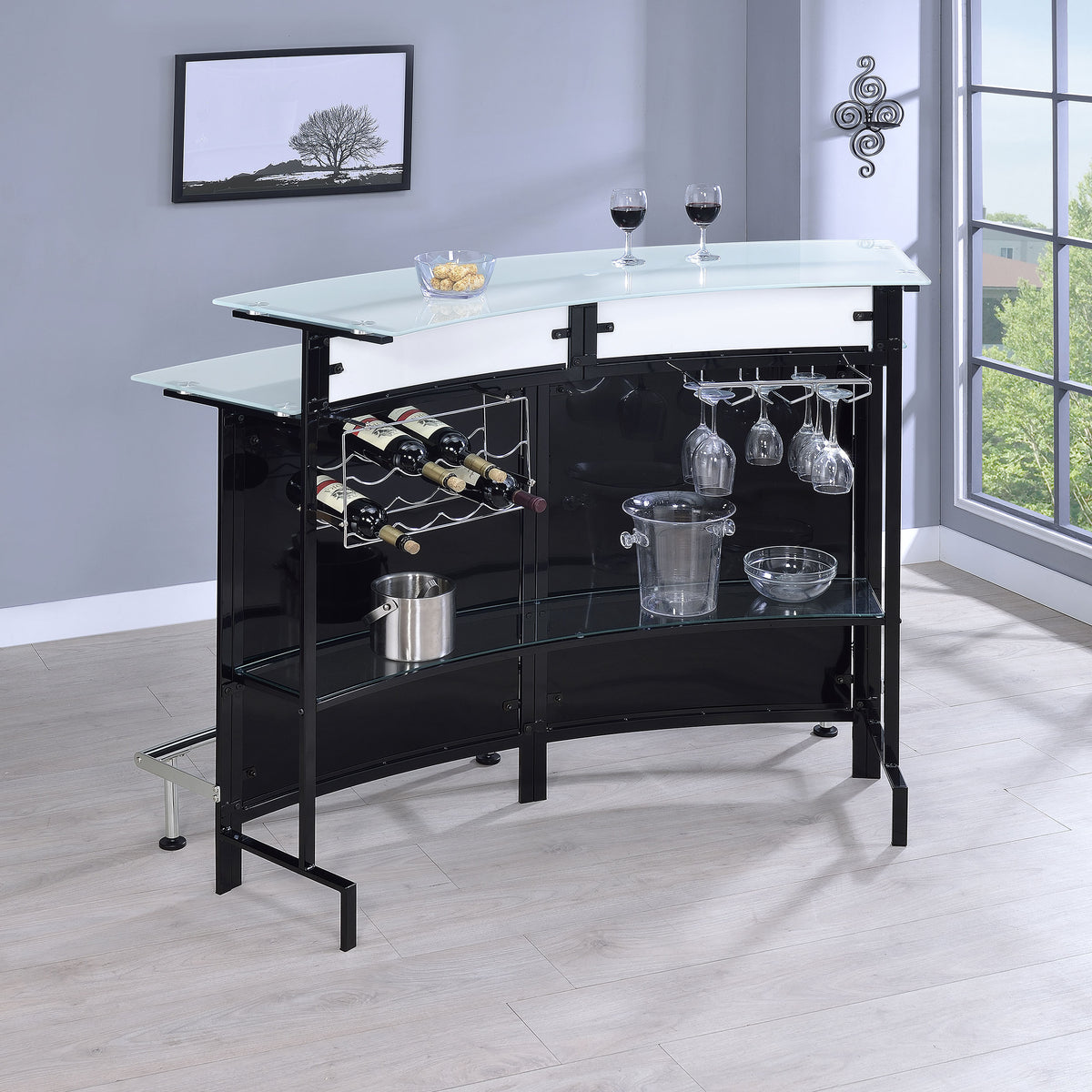 Keystone Curved Home Bar with Wine & Stemware Racks - Black & White Acrylic with Chrome Footrest – view 3