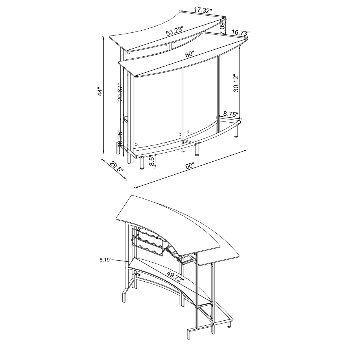 Keystone Curved Home Bar with Wine & Stemware Racks - Black & White Acrylic with Chrome Footrest – view 9