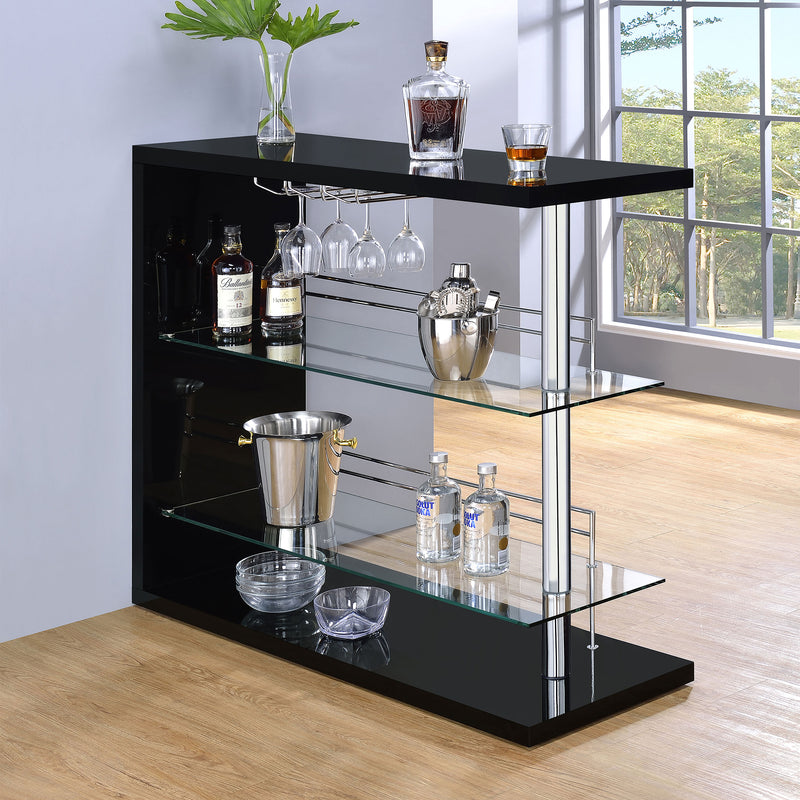 Prescott Home Bar Wine Table - Black High Gloss with Glass Shelves, Stemware Holder & Chrome Accents