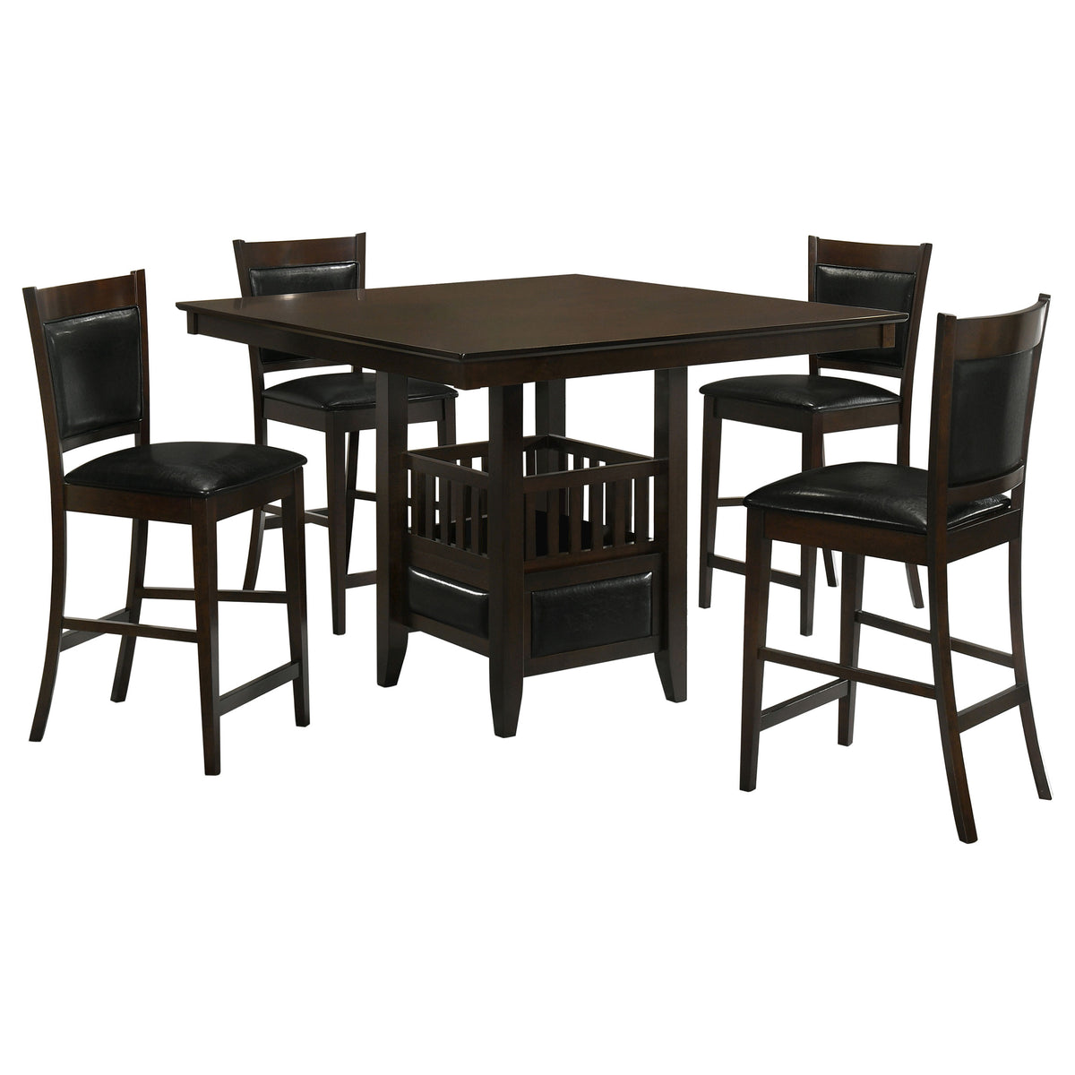 Jaden 47" Square Counter Height Dining Table & Set - Espresso with Wine Storage Base & Leatherette Chairs – view 19