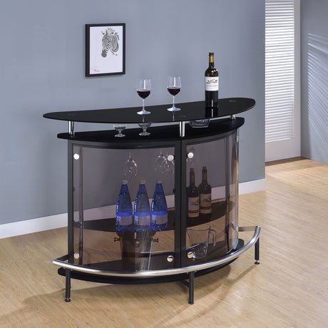 Amarillo Freestanding Home Bar with Glass Top & Stemware Rack - Curved Black with Smoked Acrylic Panels – view 1