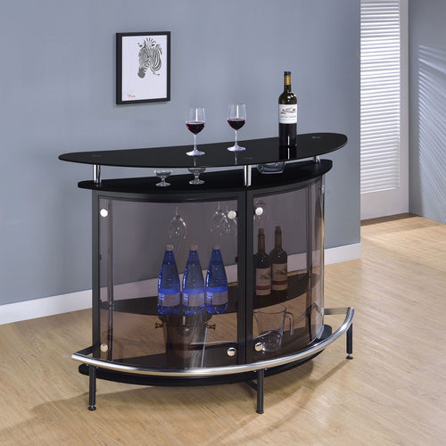 Amarillo Freestanding Home Bar with Glass Top & Stemware Rack - Curved Black with Smoked Acrylic Panels